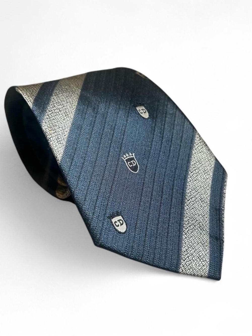 Christian Dior Mens Tie Blue Silver Striped CD Crest Logo Silk Vintage Necktie